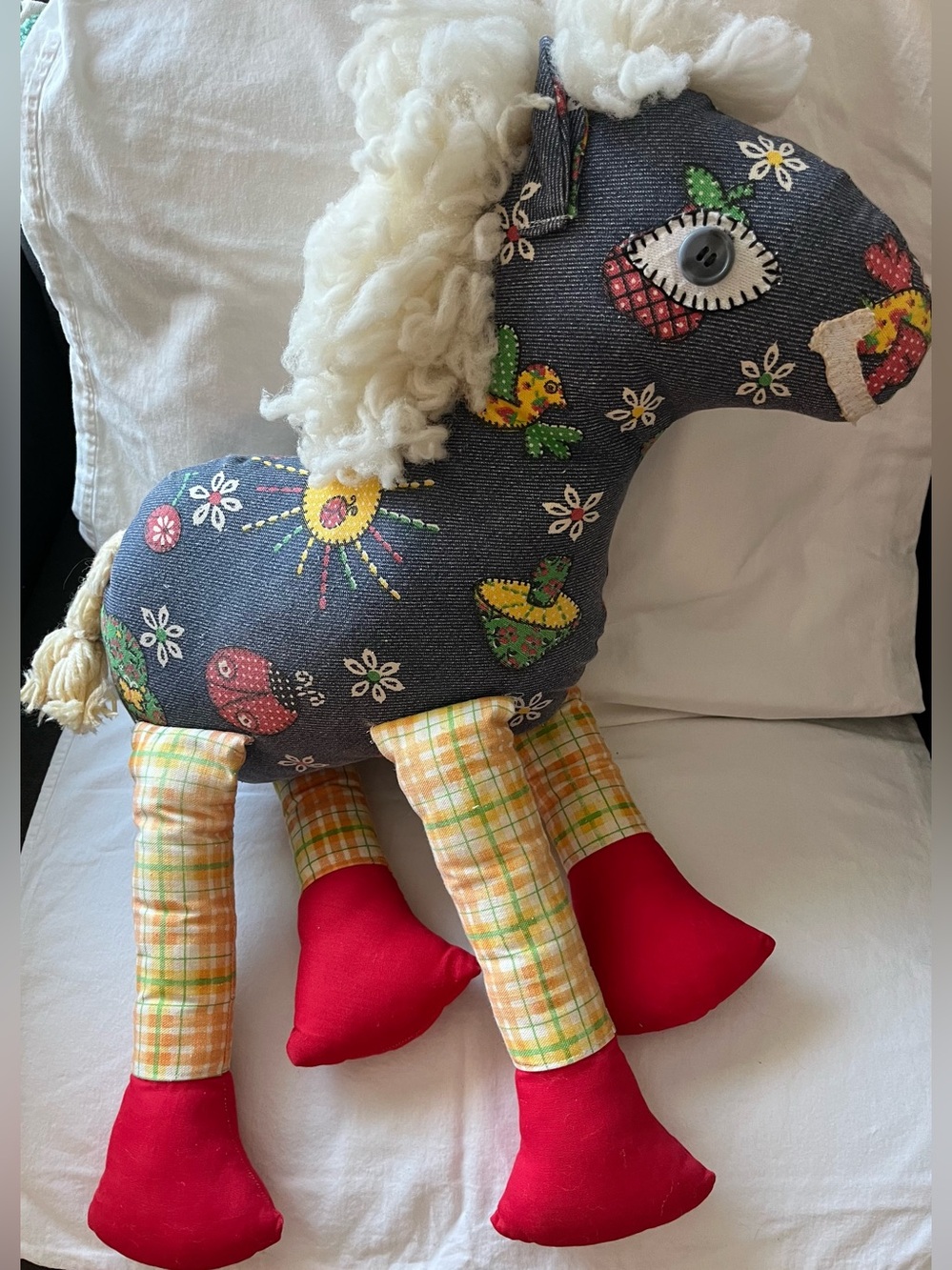 Handmade Folk Art Horse Plush Pillow Denim Patchwork Decor Red Boots Whimsical